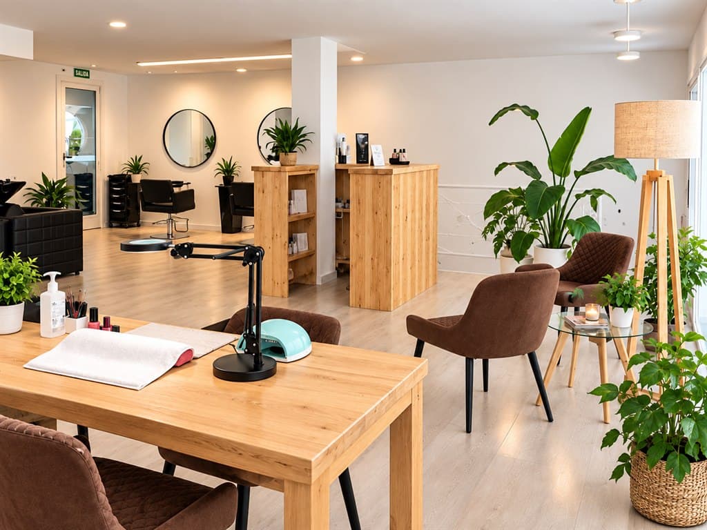 Interior del salón de belleza de Cambados con zona de lavado, espejos y mesa de manicura