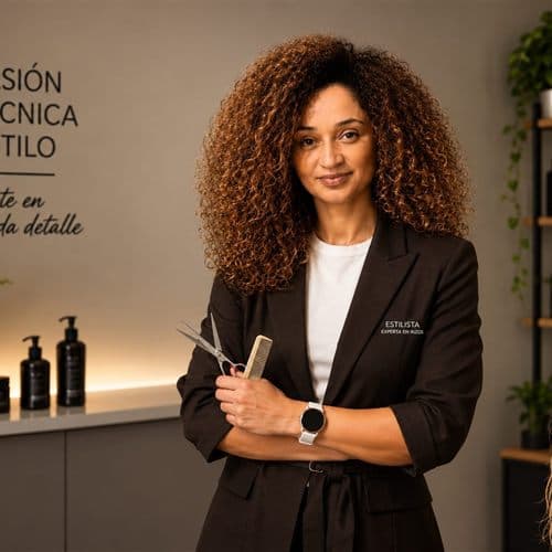 Estilista de Belén do Son, peluquería unisex en Cambados, con tijeras y peine en el salón