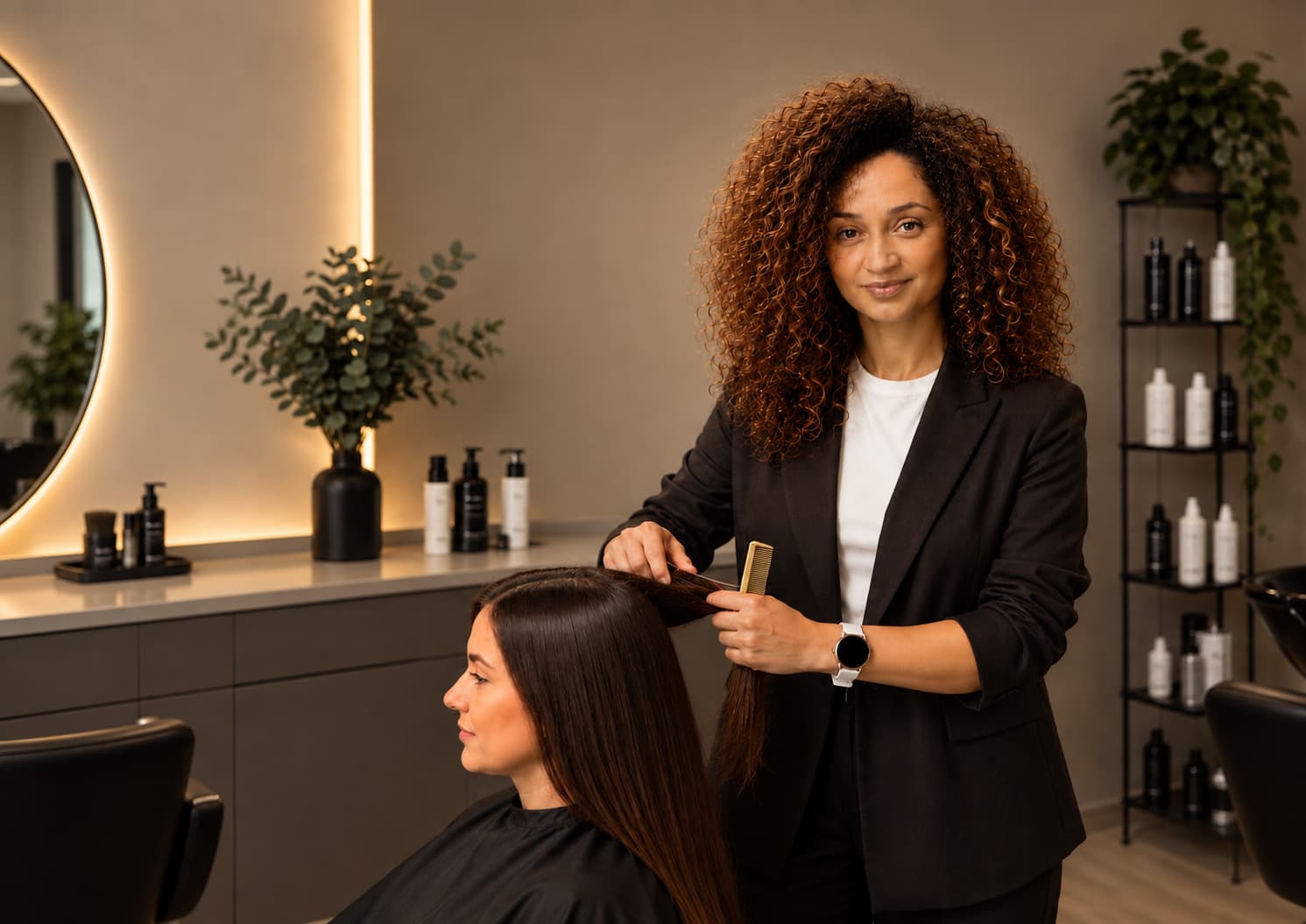 Peluquera de Cambados cortando el cabello con tijeras y peine durante una formación técnica
